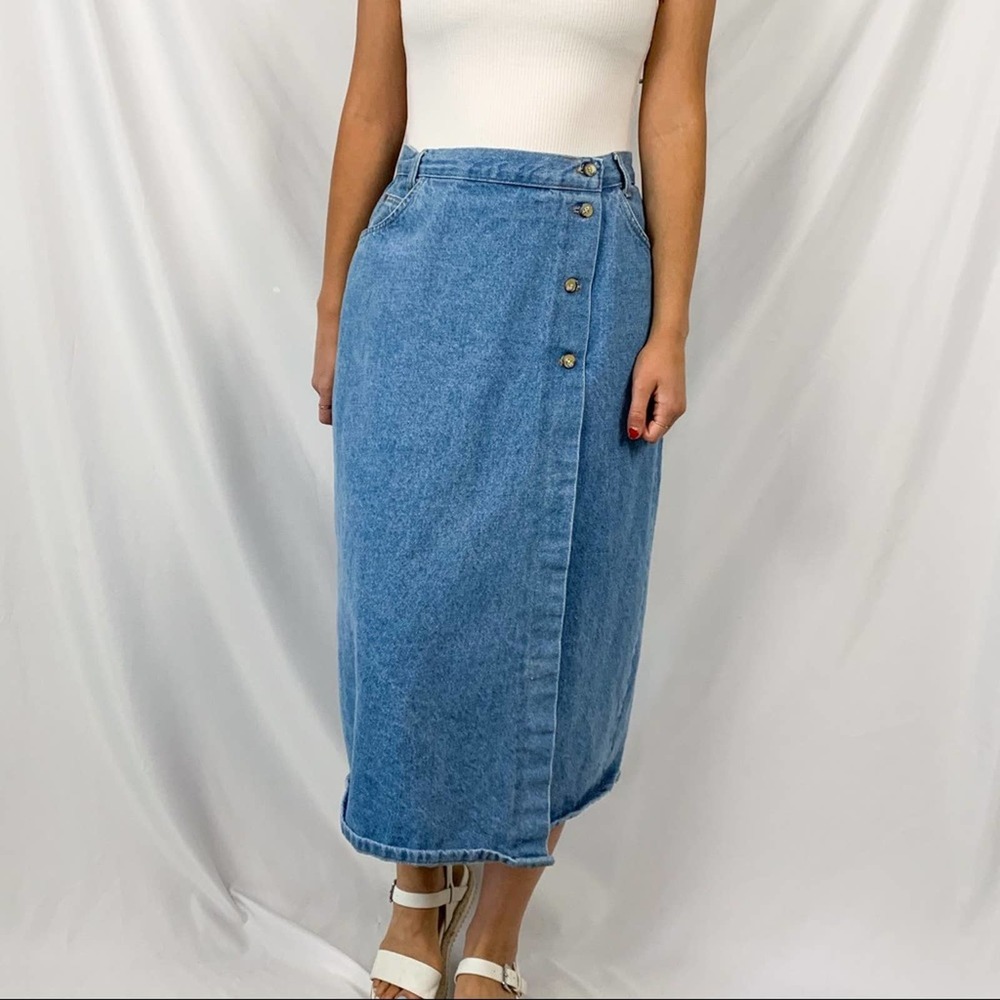 Vivaldi Jeanswear Vintage 90's Denim Wrap Side Slit Midi Skirt Size 12 - Picture 13 of 13